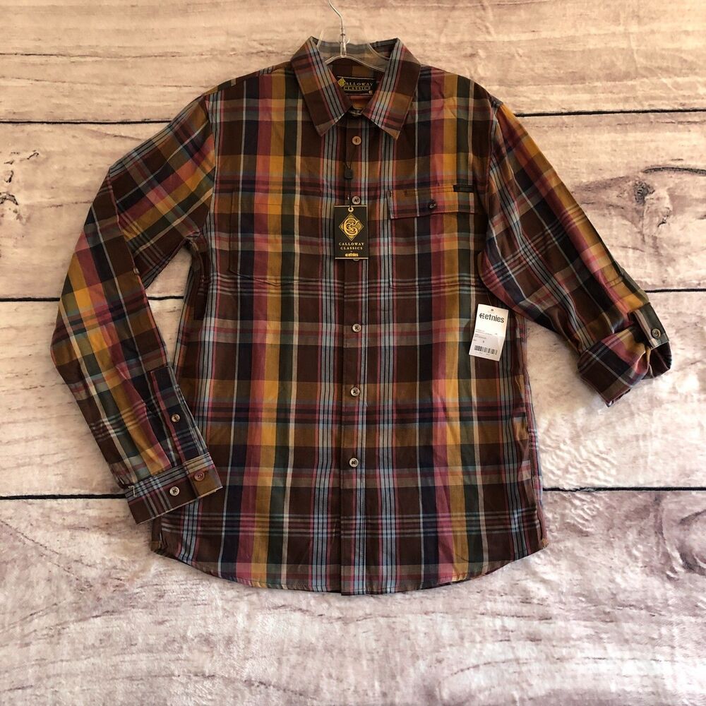 Etnies Shirt Mens Small Brown Plaid Long Sleeve Button Up Y2K Skater Street NEW